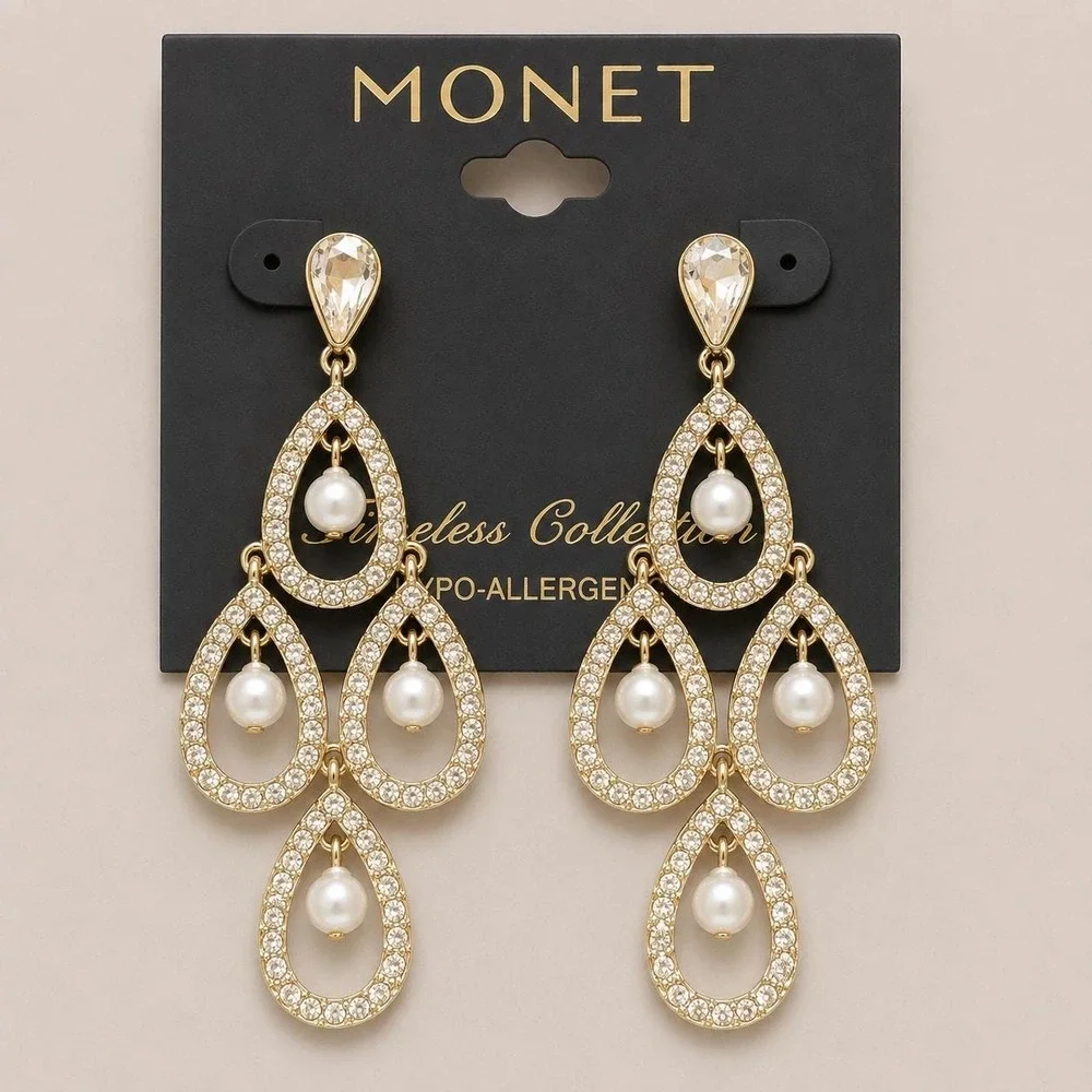Vintage Monet Crystal Faux Pearl Chandelier Earrings Sample One of a Kind 3